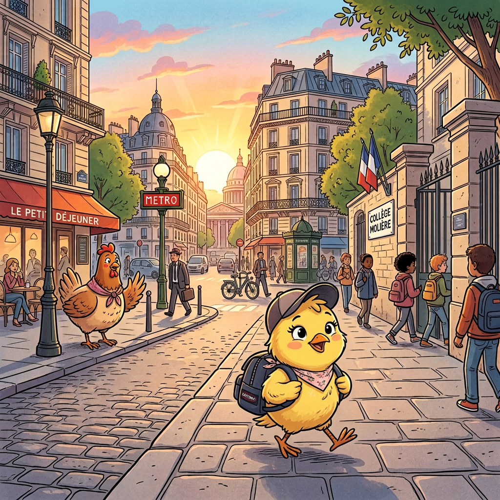 Cartoon chick with backpack walking past Paris buildings, Metro sign, café, and Collège Molière